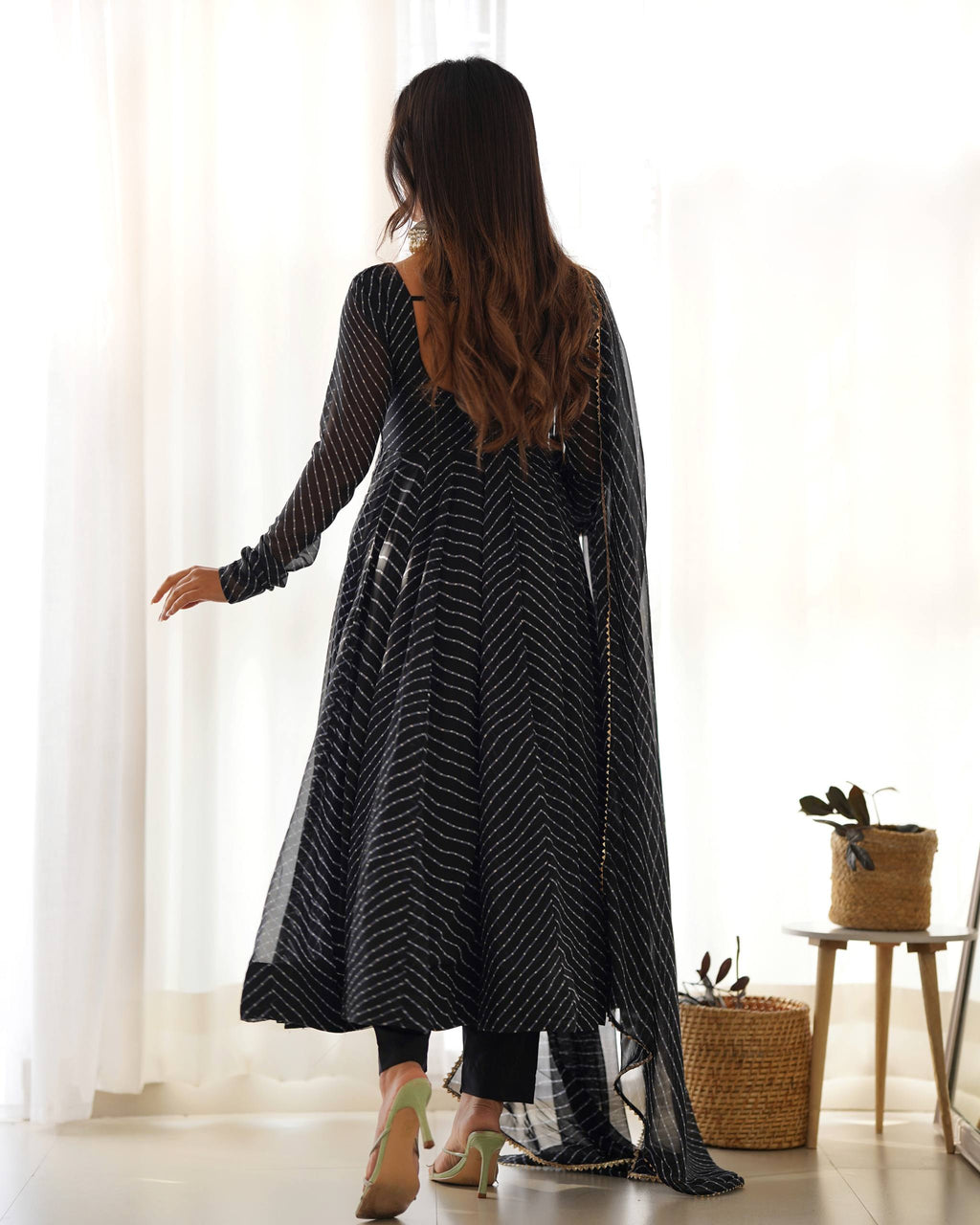 Laheriya Print Faux Georgette Anarkali Gown Set with Dupatta & Pant