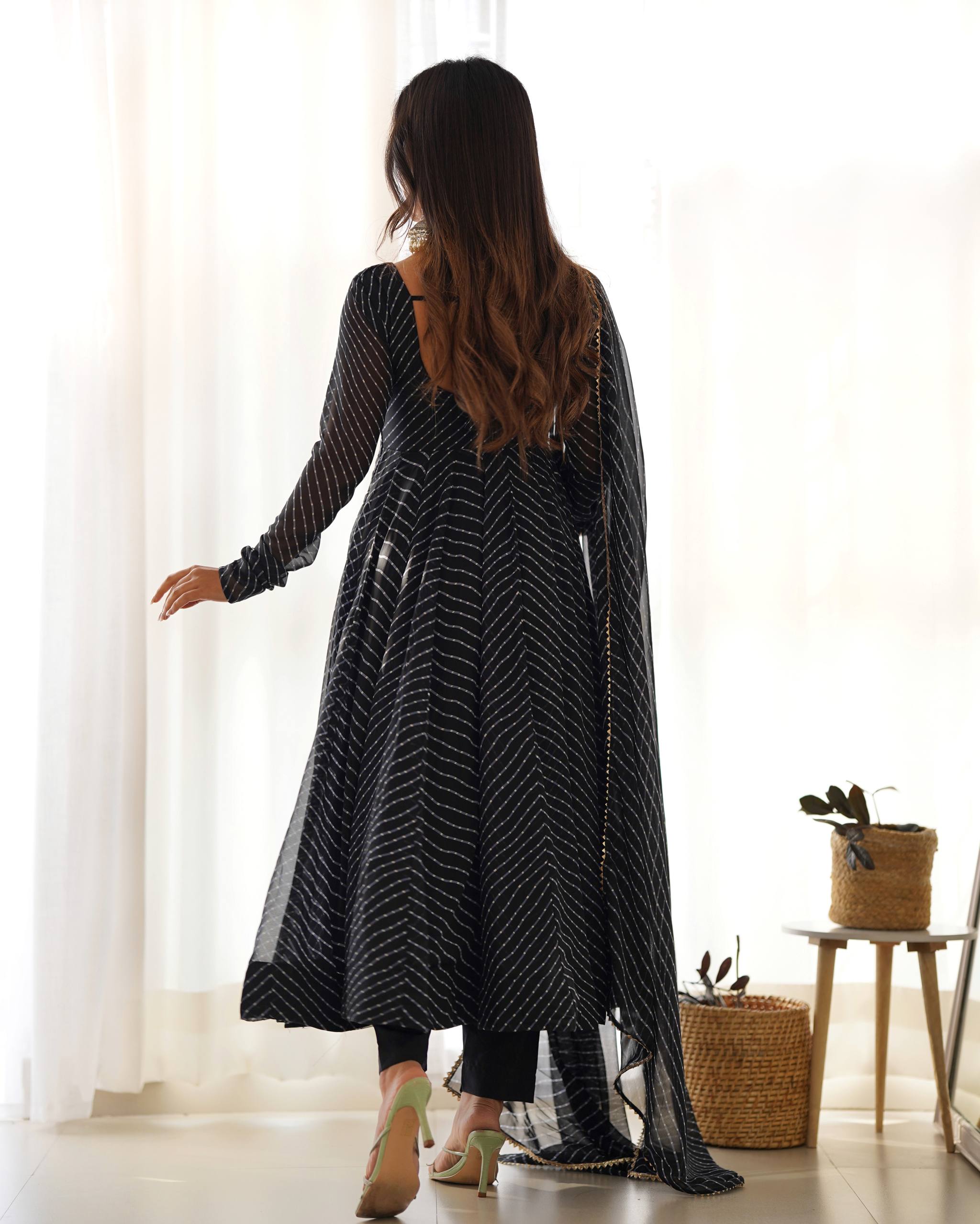 Laheriya Print Faux Georgette Anarkali Gown Set with Dupatta & Pant