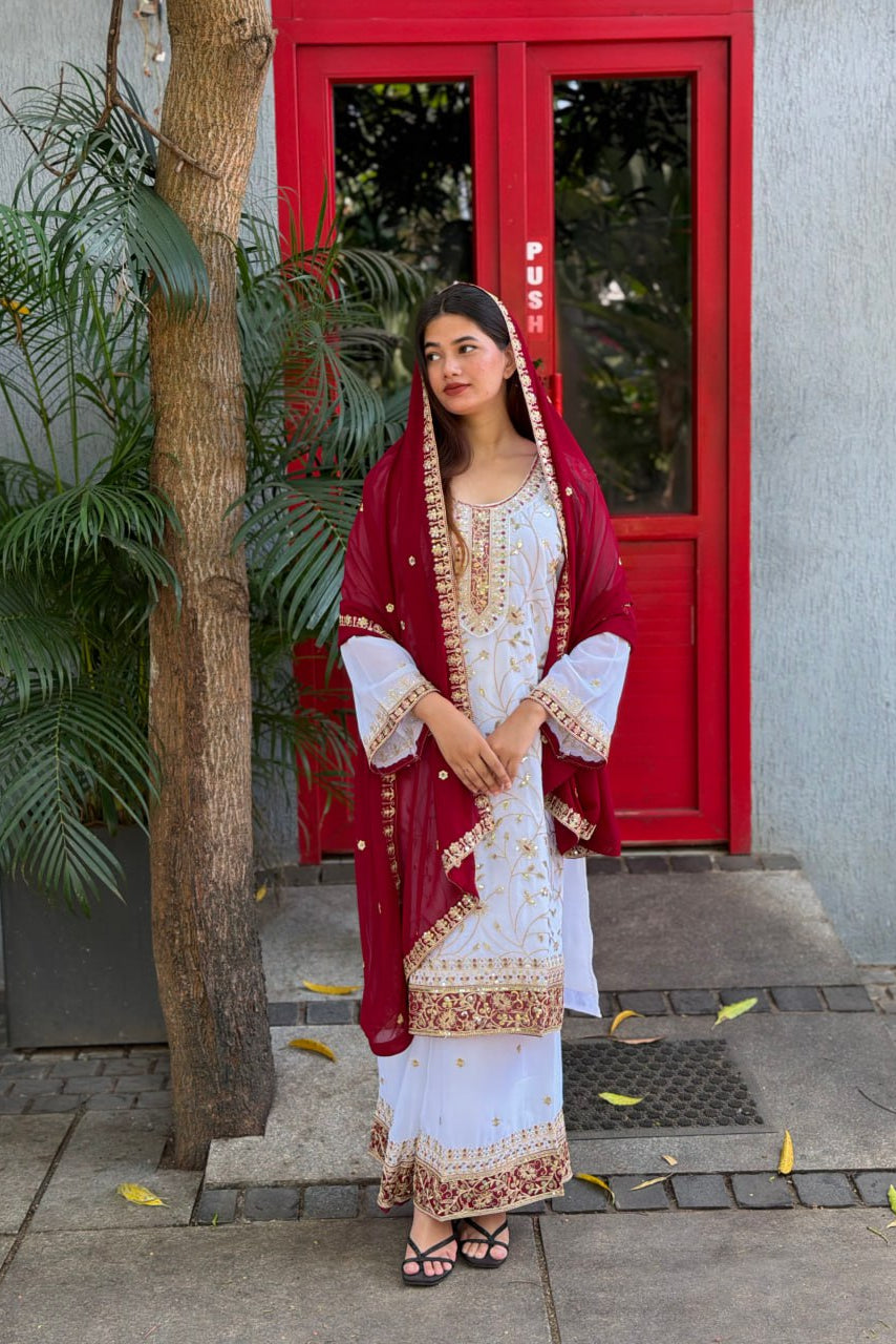 Premium Embroidered Faux Georgette Plazo Suit Set