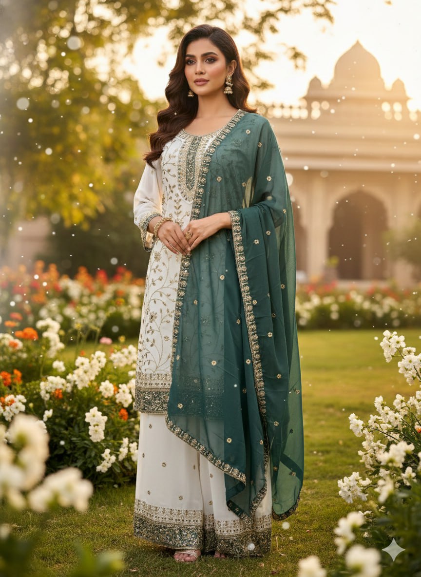 Premium Embroidered Faux Georgette Plazo Suit Set
