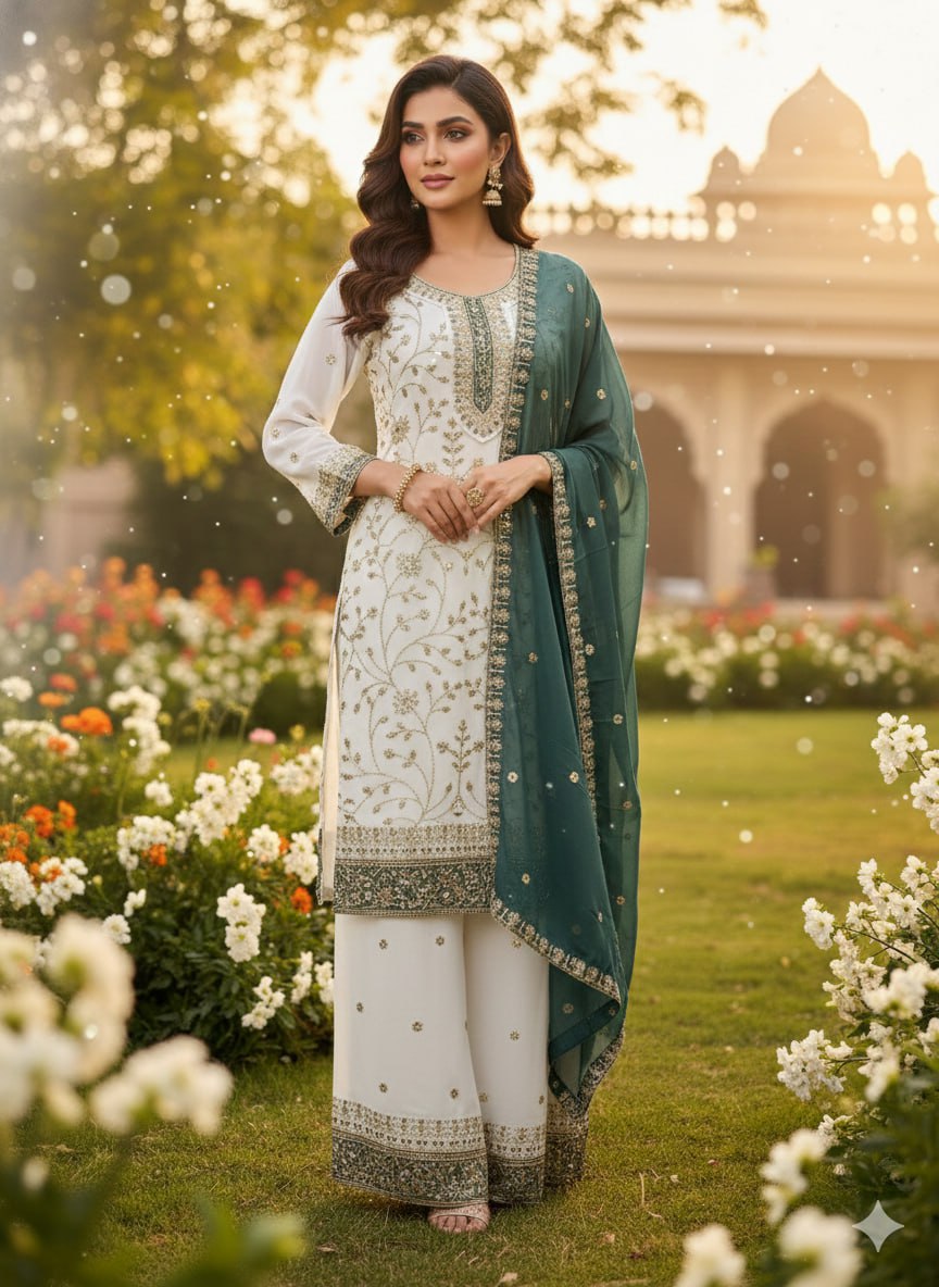Premium Embroidered Faux Georgette Plazo Suit Set