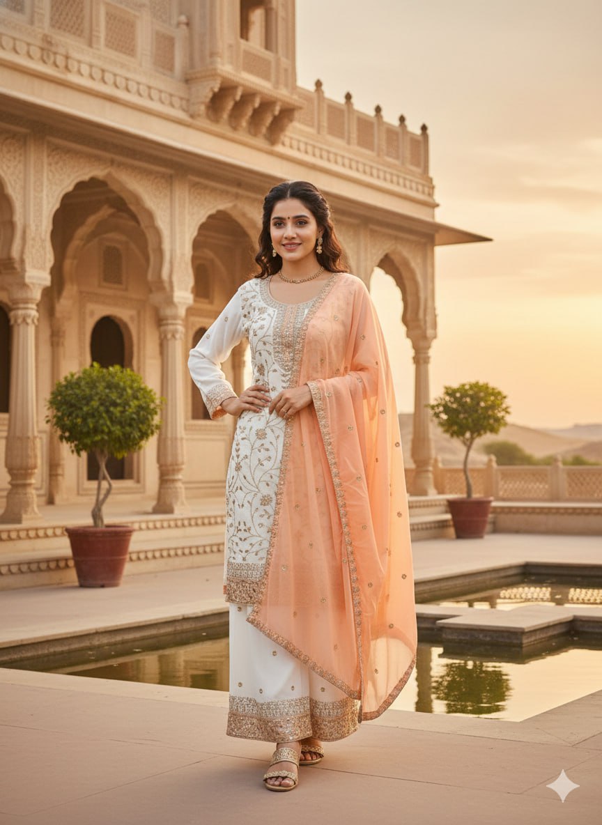 Premium Embroidered Faux Georgette Plazo Suit Set