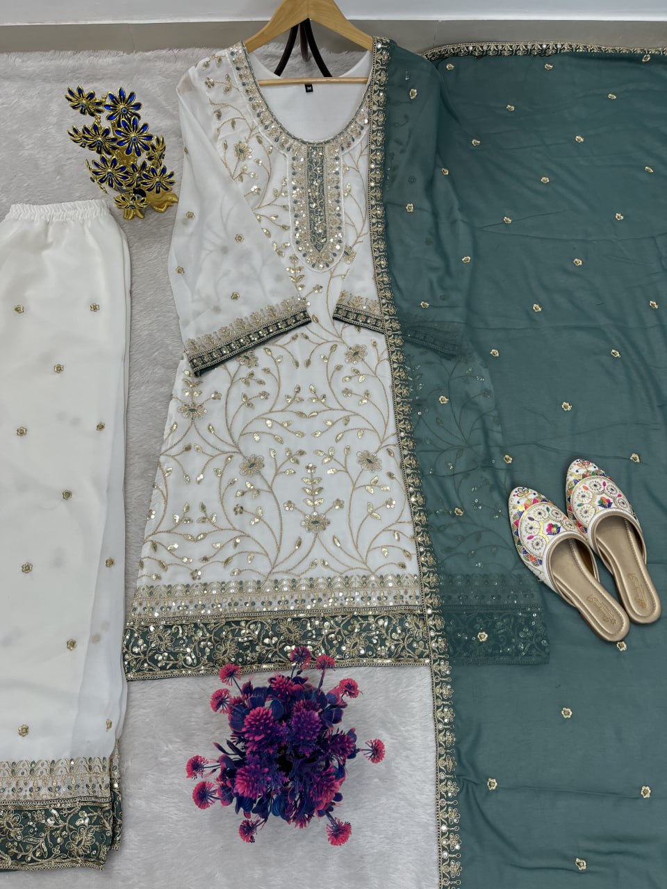 Premium Embroidered Faux Georgette Plazo Suit Set