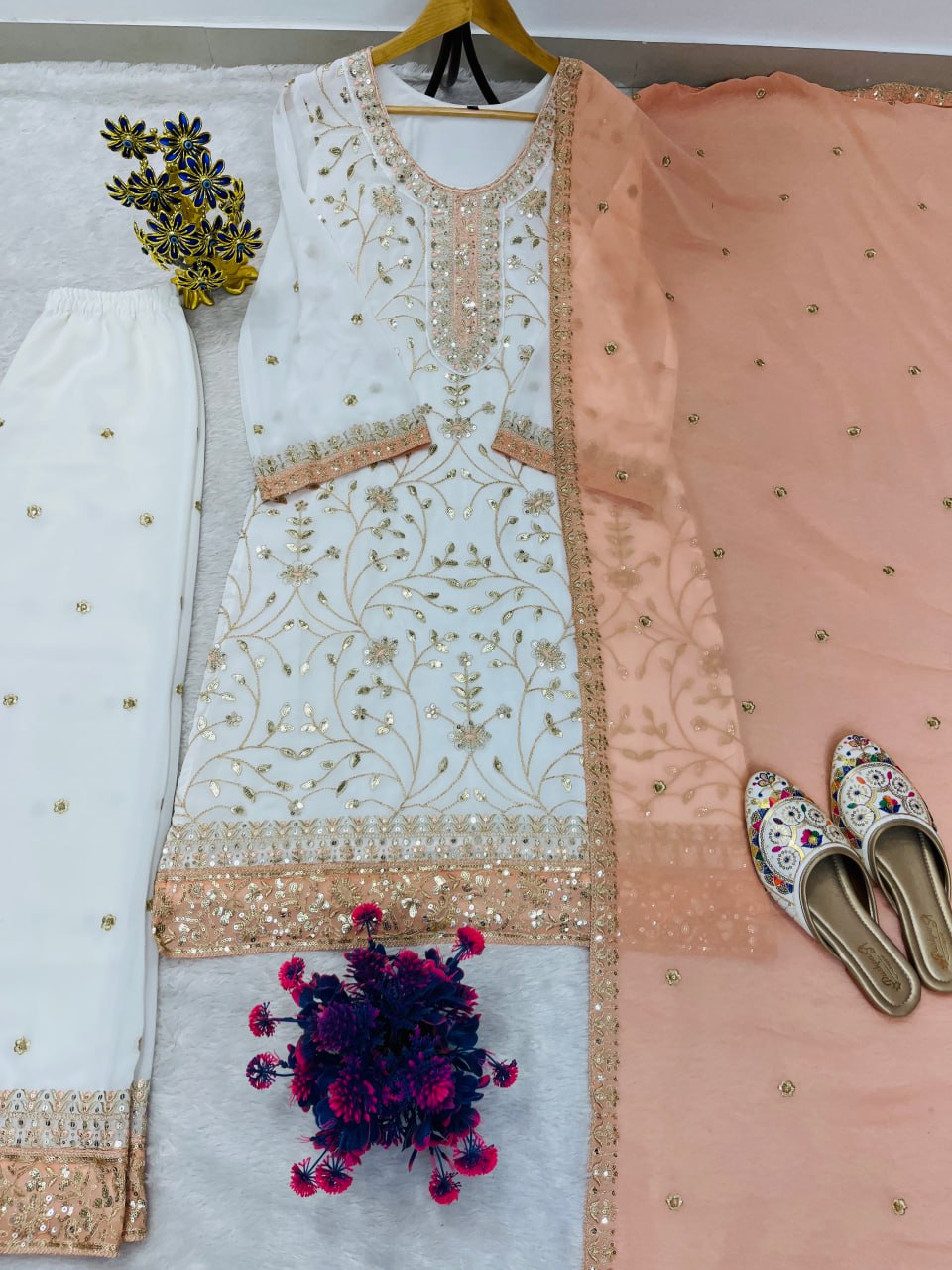 Premium Embroidered Faux Georgette Plazo Suit Set