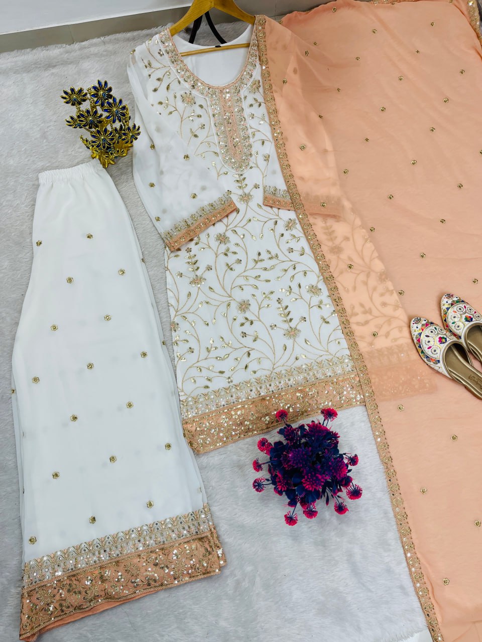 Premium Embroidered Faux Georgette Plazo Suit Set