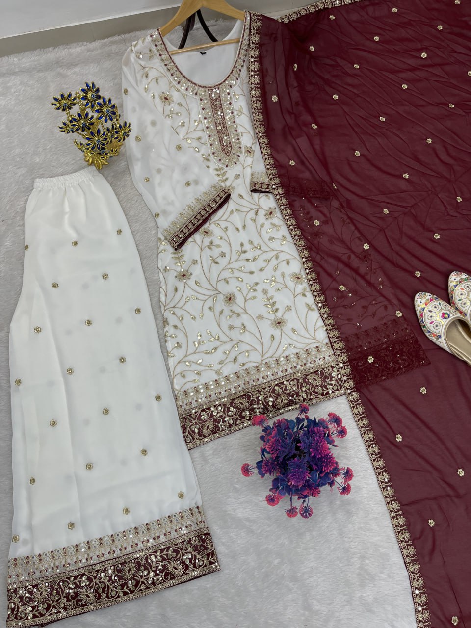Premium Embroidered Faux Georgette Plazo Suit Set