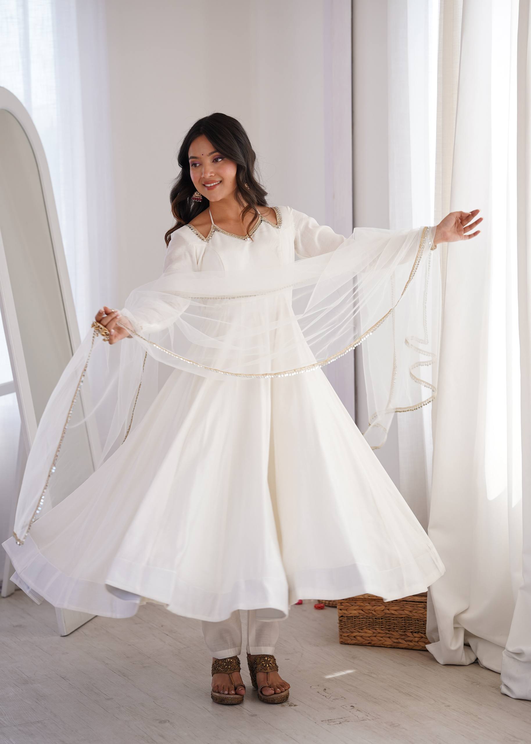 Fully Flared Anarkali Gown Set with Mirror Lace Dupatta & Pant