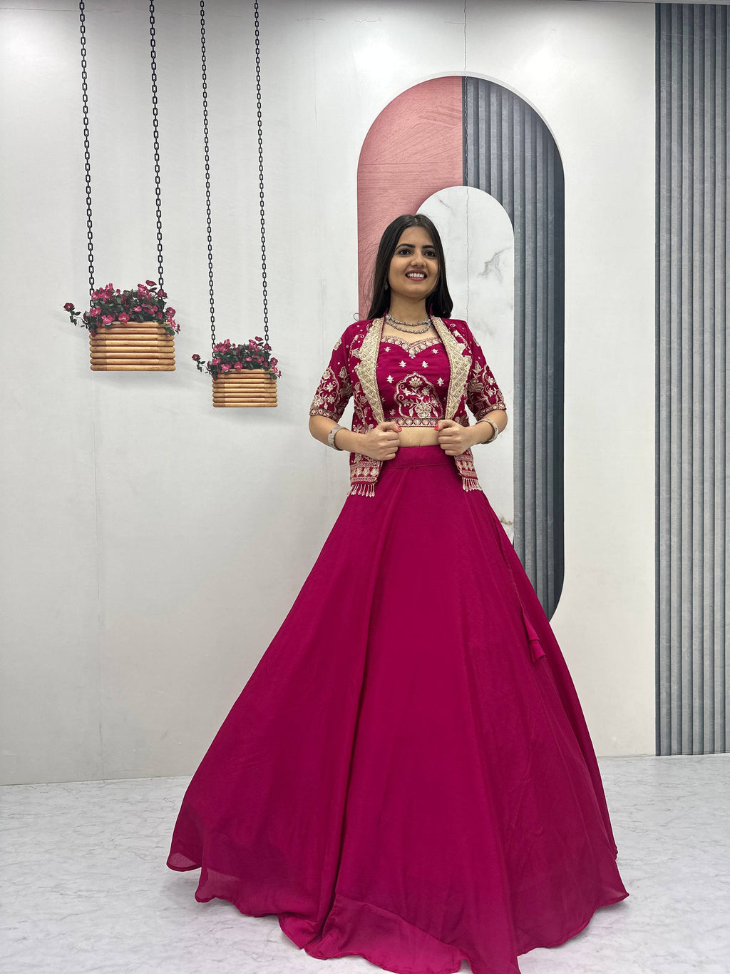 Designer Chinon Lehenga with Embroidered Blouse and Heavy Work Jacket