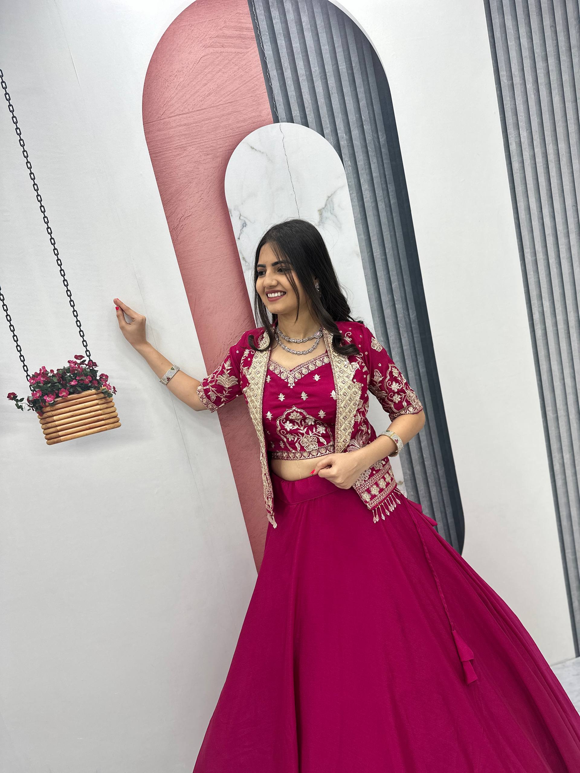 Designer Chinon Lehenga with Embroidered Blouse and Heavy Work Jacket