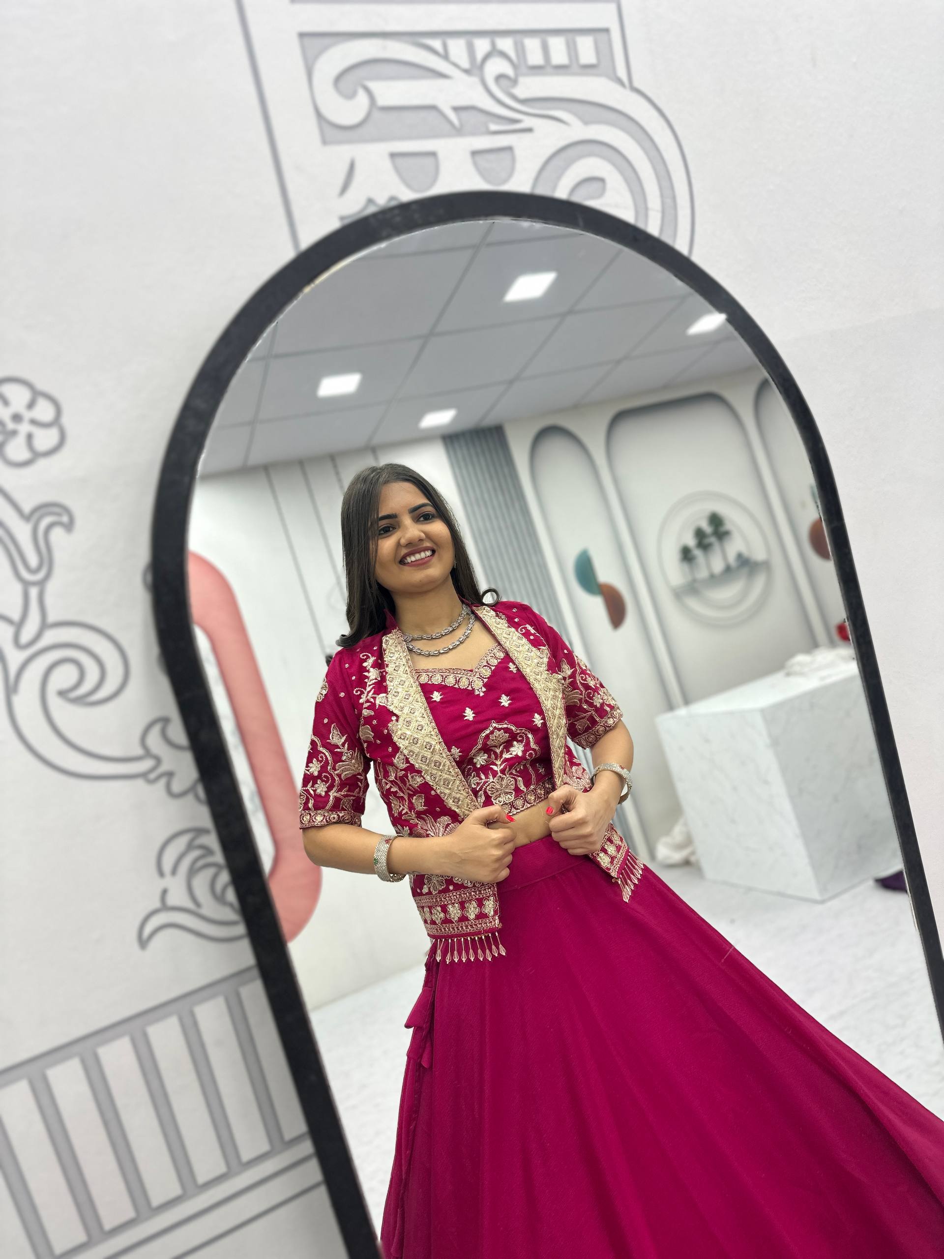 Designer Chinon Lehenga with Embroidered Blouse and Heavy Work Jacket