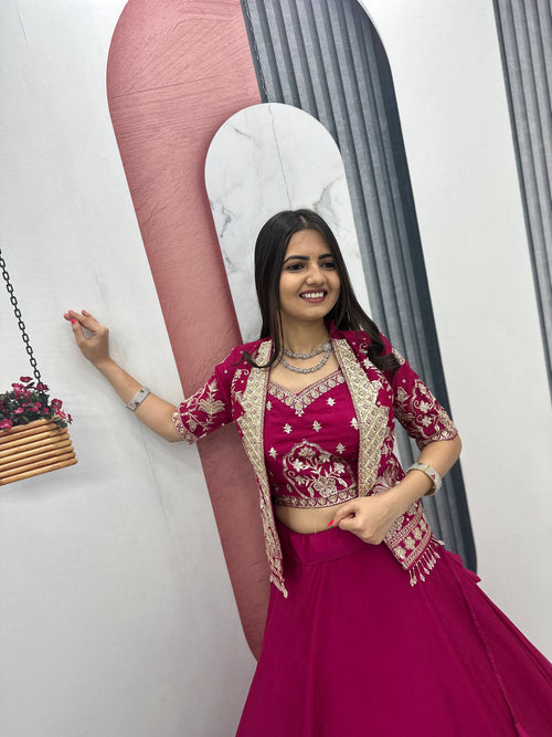 Chinon Lehenga with Embroidered Blouse and Heavy Work Jacket