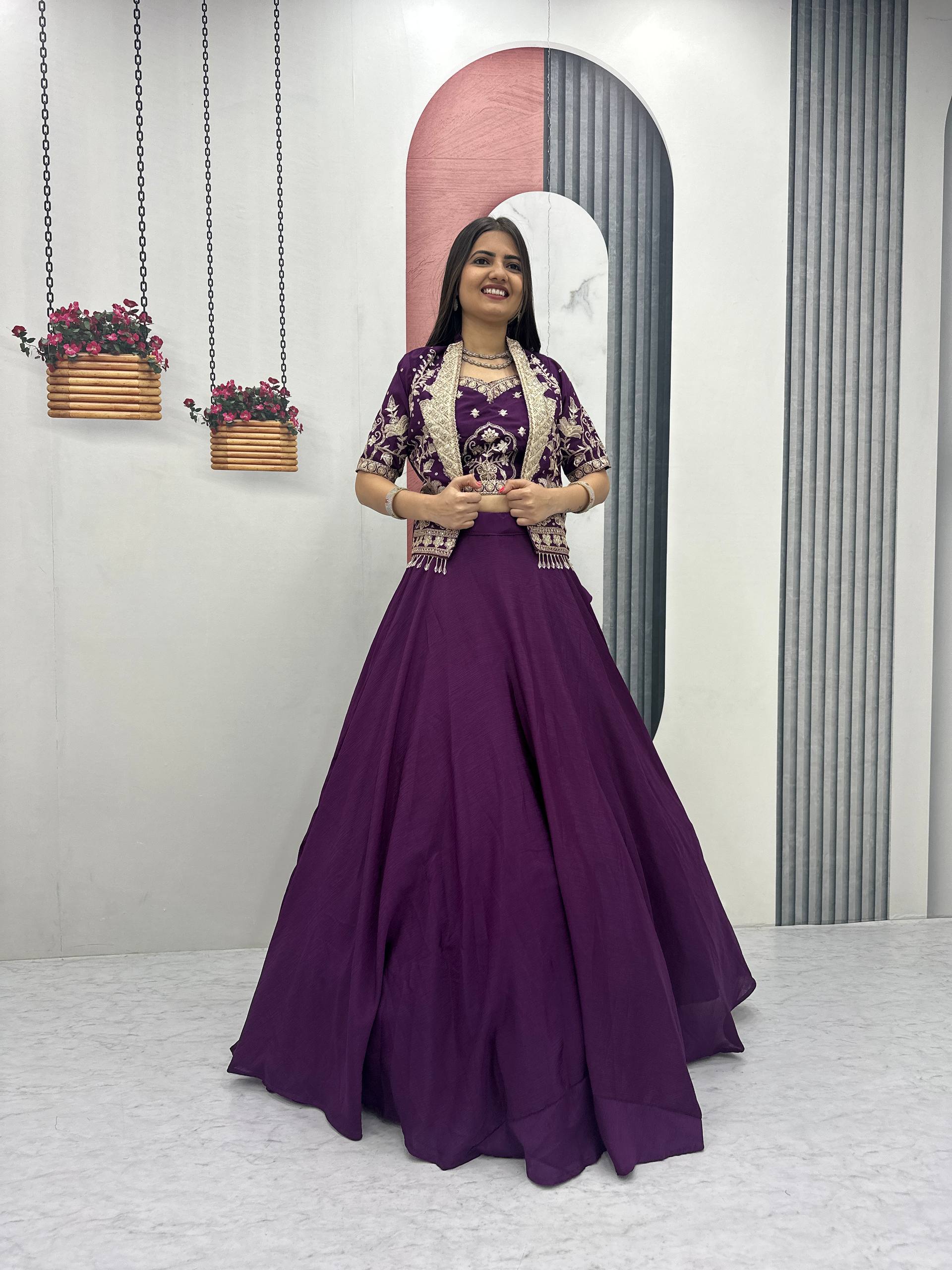 Designer Chinon Lehenga with Embroidered Blouse and Heavy Work Jacket