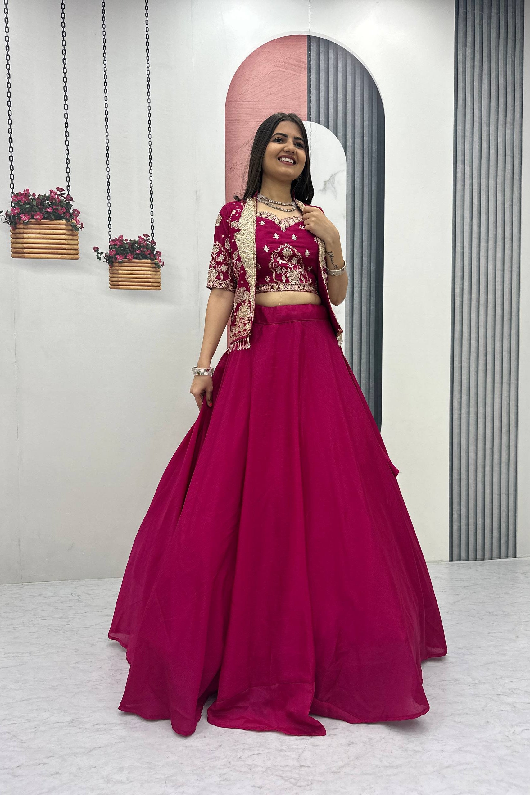 Designer Chinon Lehenga with Embroidered Blouse and Heavy Work Jacket