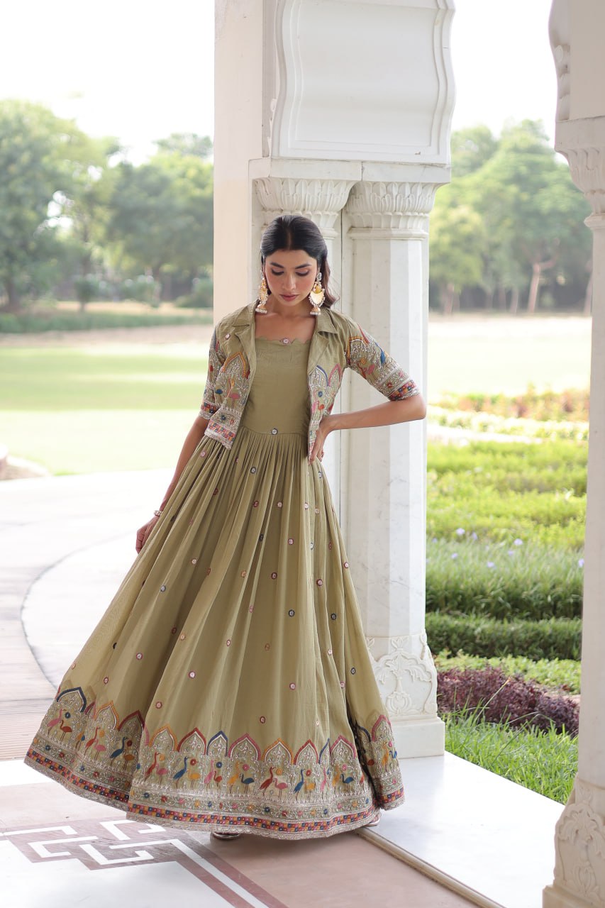 Vichitra Silk Embroidered Gown with Designer Koti Set
