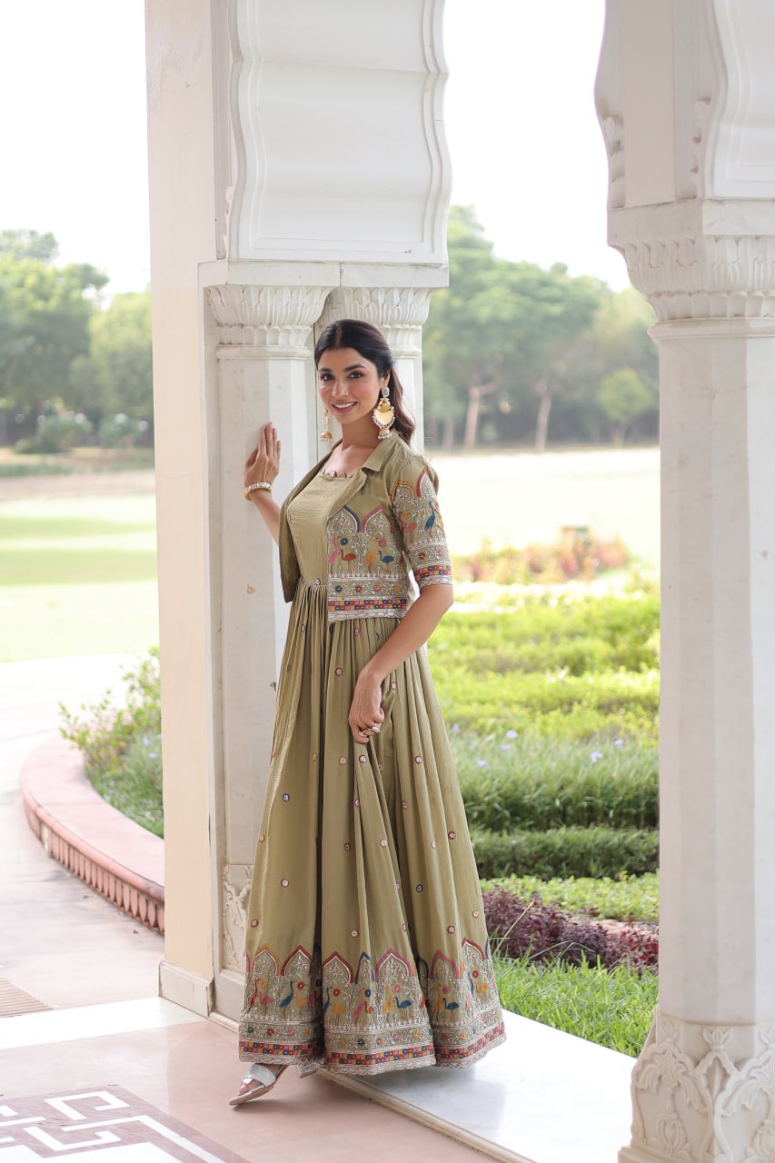 Vichitra Silk Embroidered Gown with Designer Koti Set