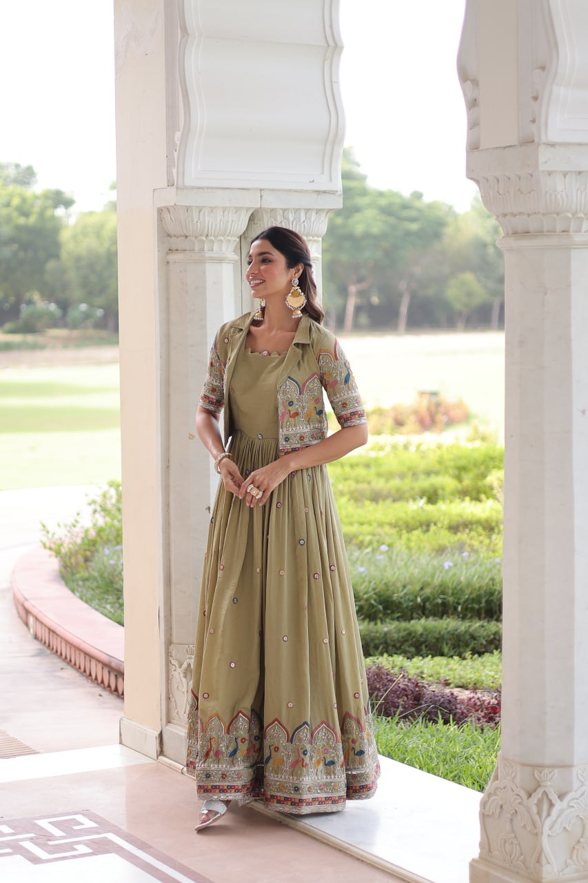 Vichitra Silk Embroidered Gown with Designer Koti Set