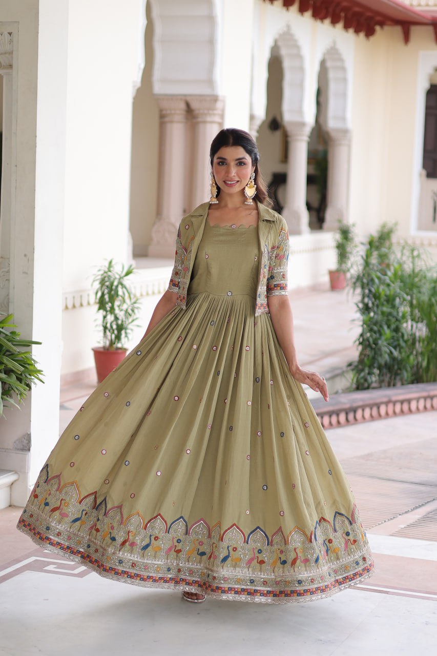 Vichitra Silk Embroidered Gown with Designer Koti Set