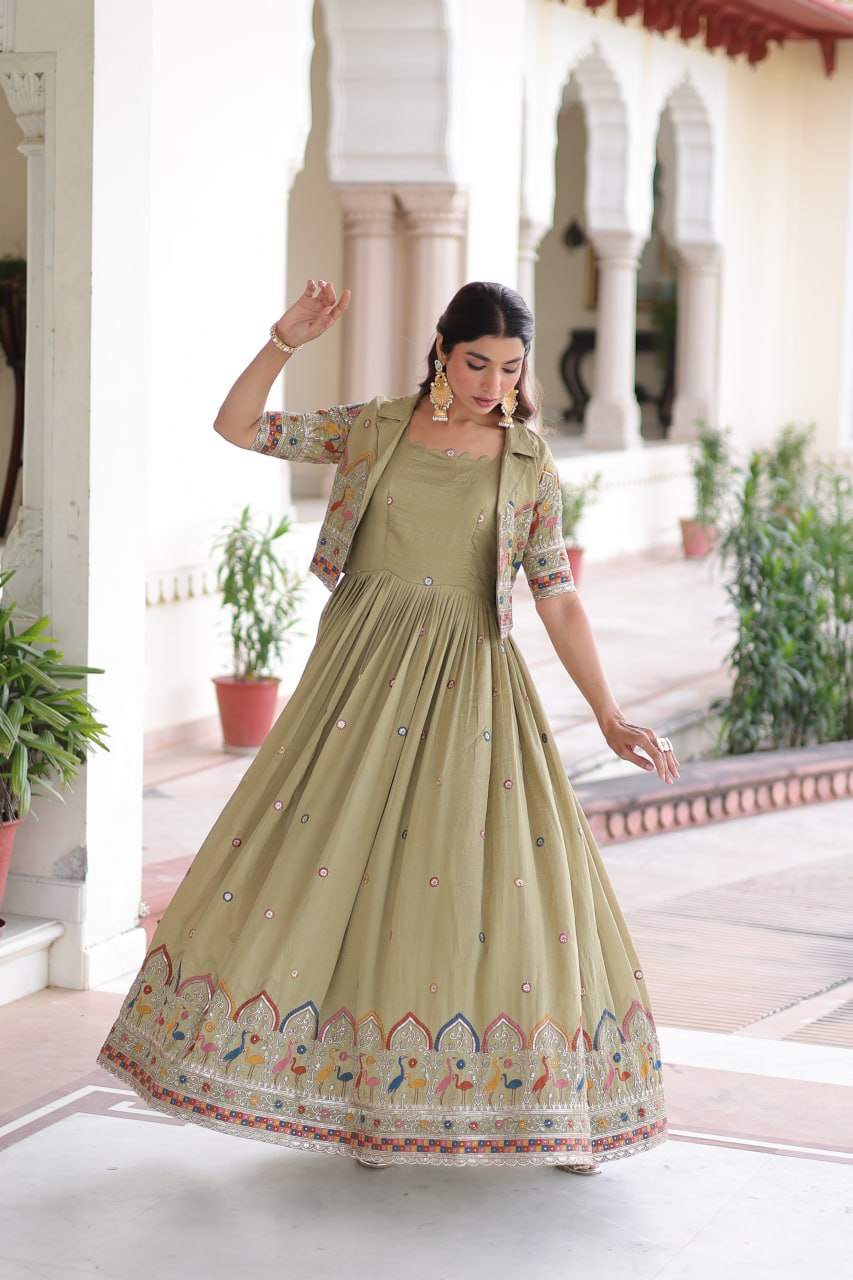Vichitra Silk Embroidered Gown with Designer Koti Set