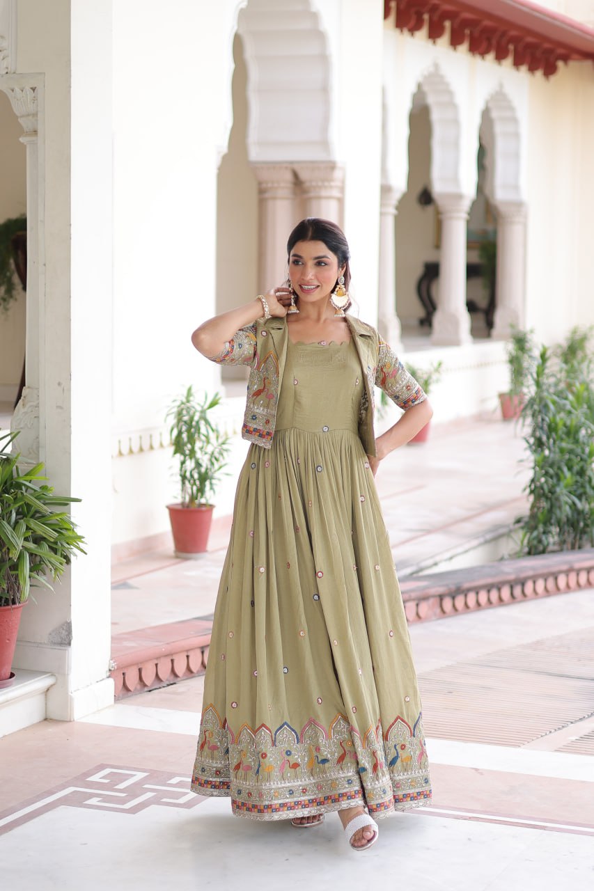 Vichitra Silk Embroidered Gown with Designer Koti Set