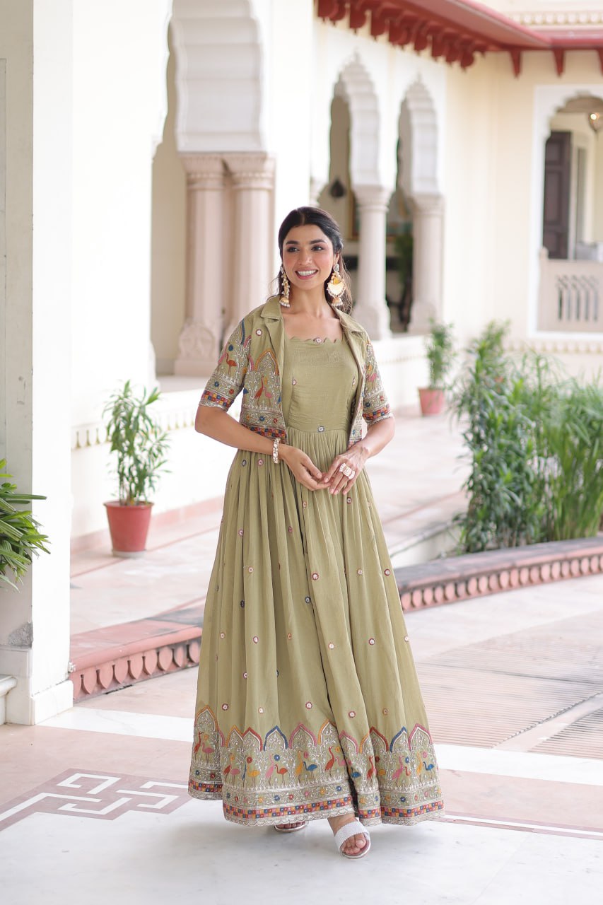Vichitra Silk Embroidered Gown with Designer Koti Set