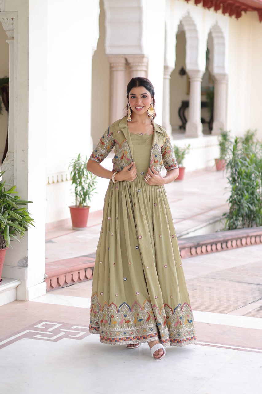 Vichitra Silk Embroidered Gown with Designer Koti Set