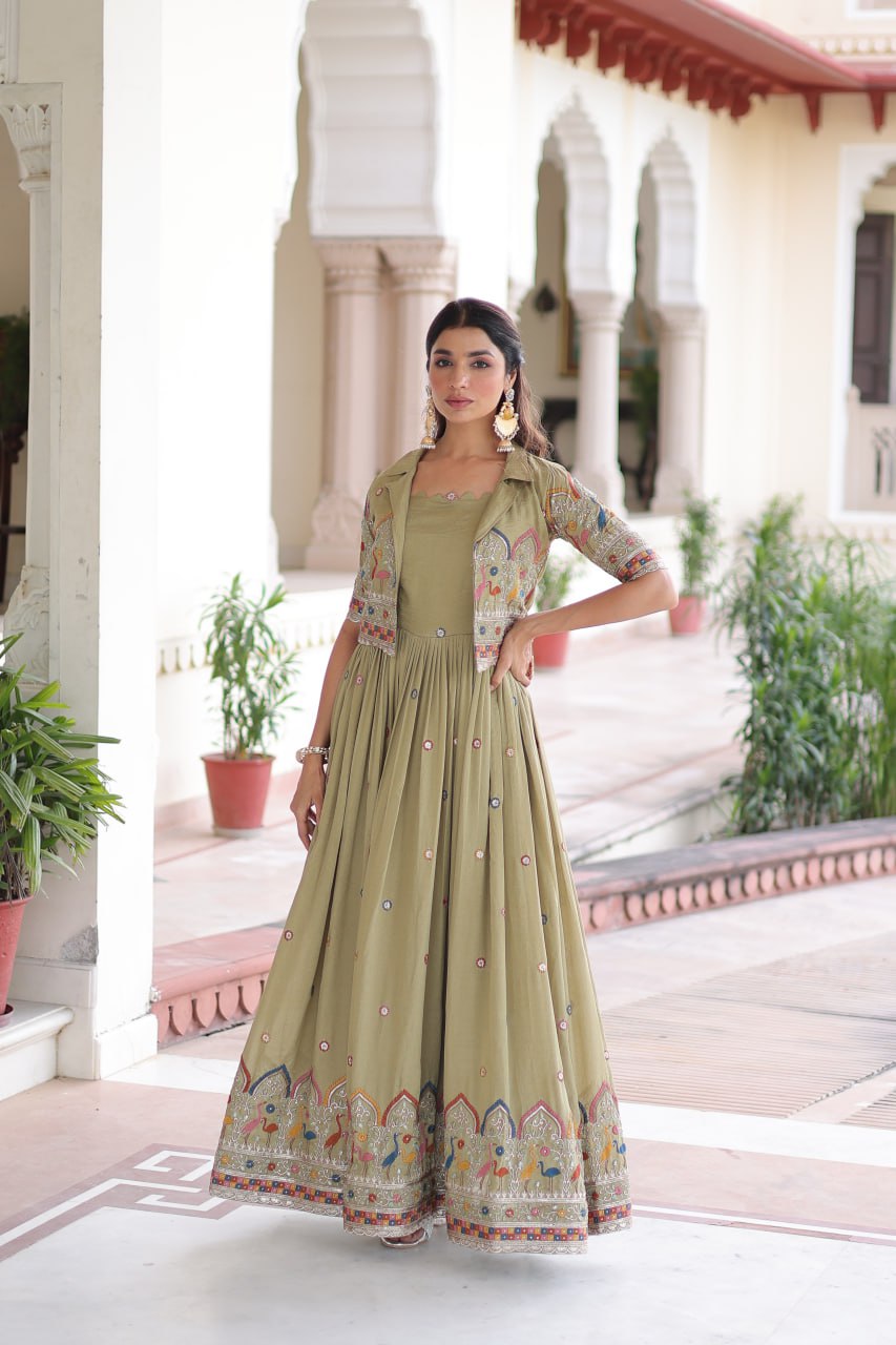Vichitra Silk Embroidered Gown with Designer Koti Set
