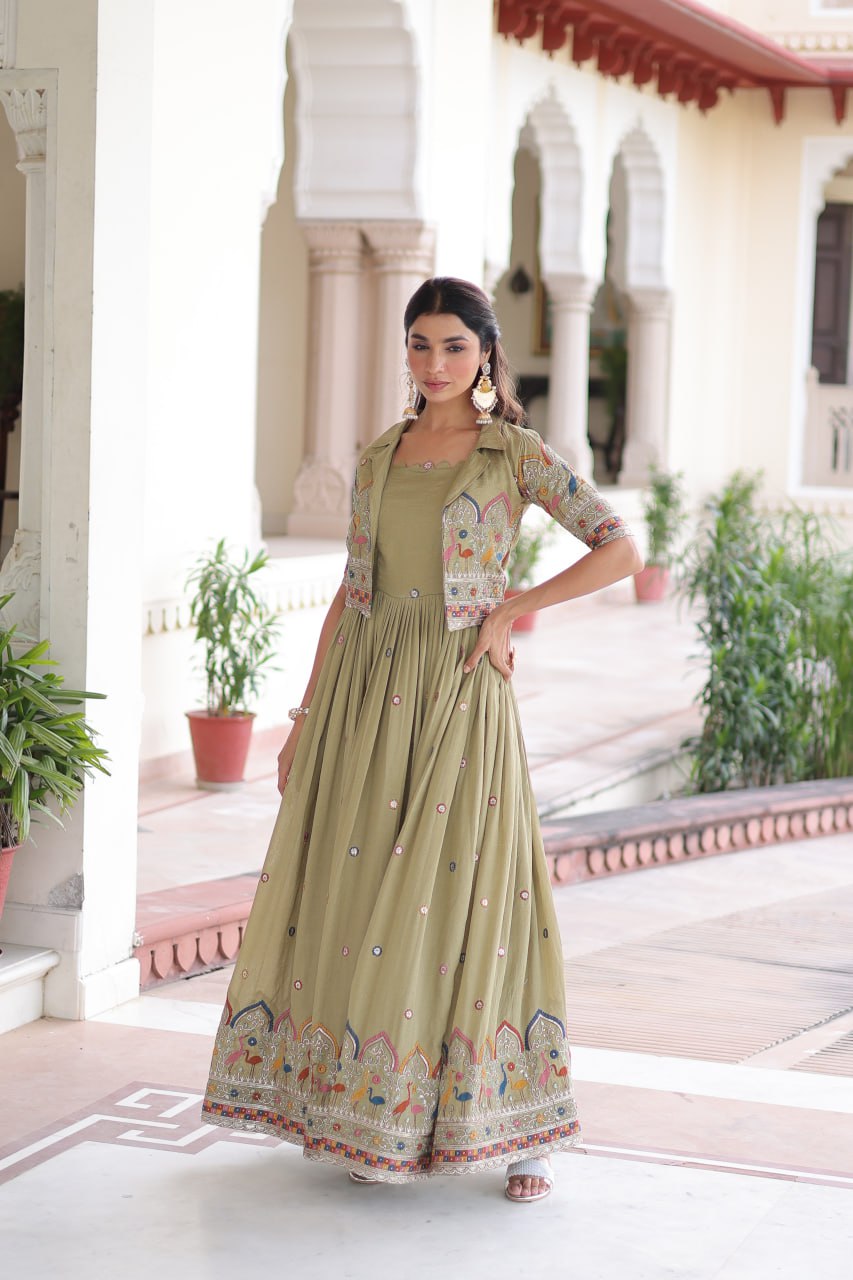 Vichitra Silk Embroidered Gown with Designer Koti Set