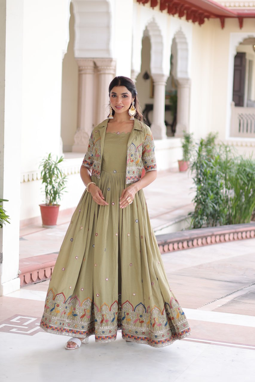 Vichitra Silk Embroidered Gown with Designer Koti Set
