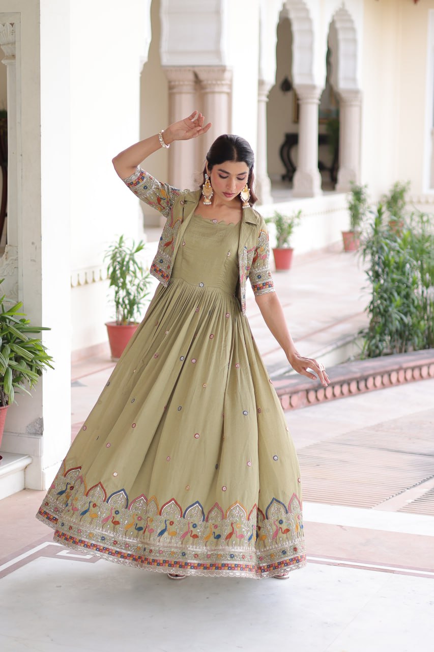 Vichitra Silk Embroidered Gown with Designer Koti Set