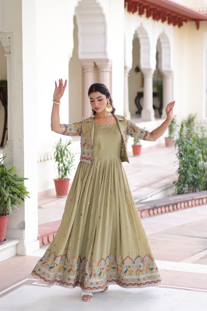 Vichitra Silk Embroidered Gown with Designer Koti Set