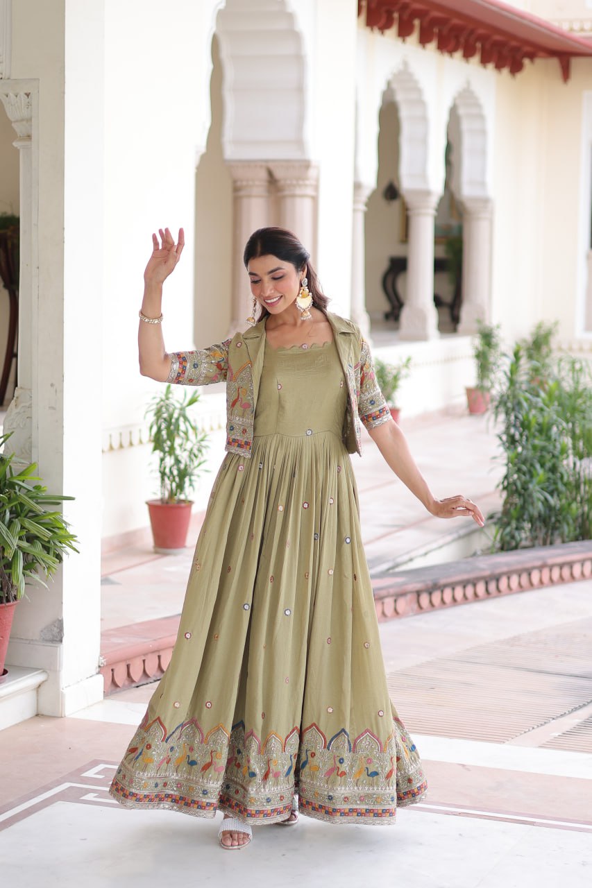 Vichitra Silk Embroidered Gown with Designer Koti Set