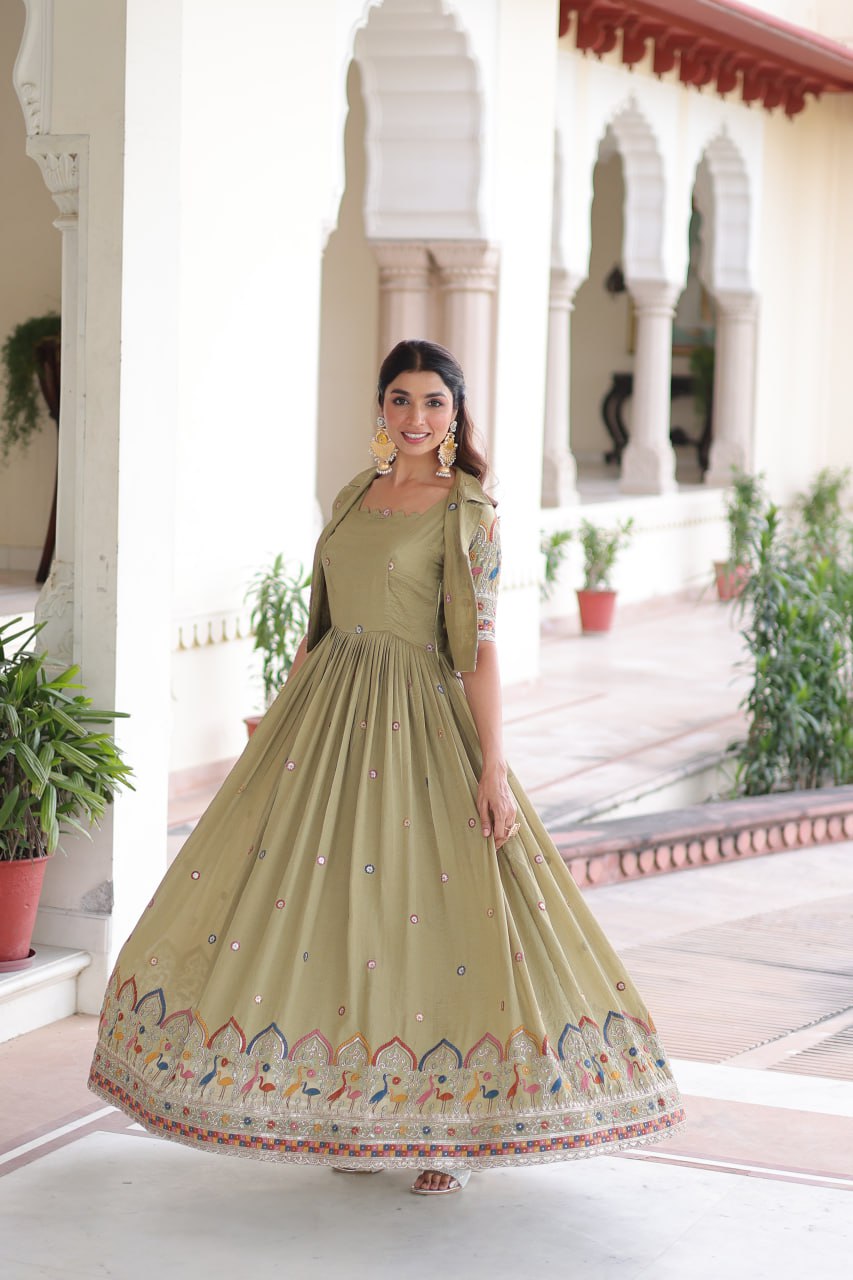 Vichitra Silk Embroidered Gown with Designer Koti Set