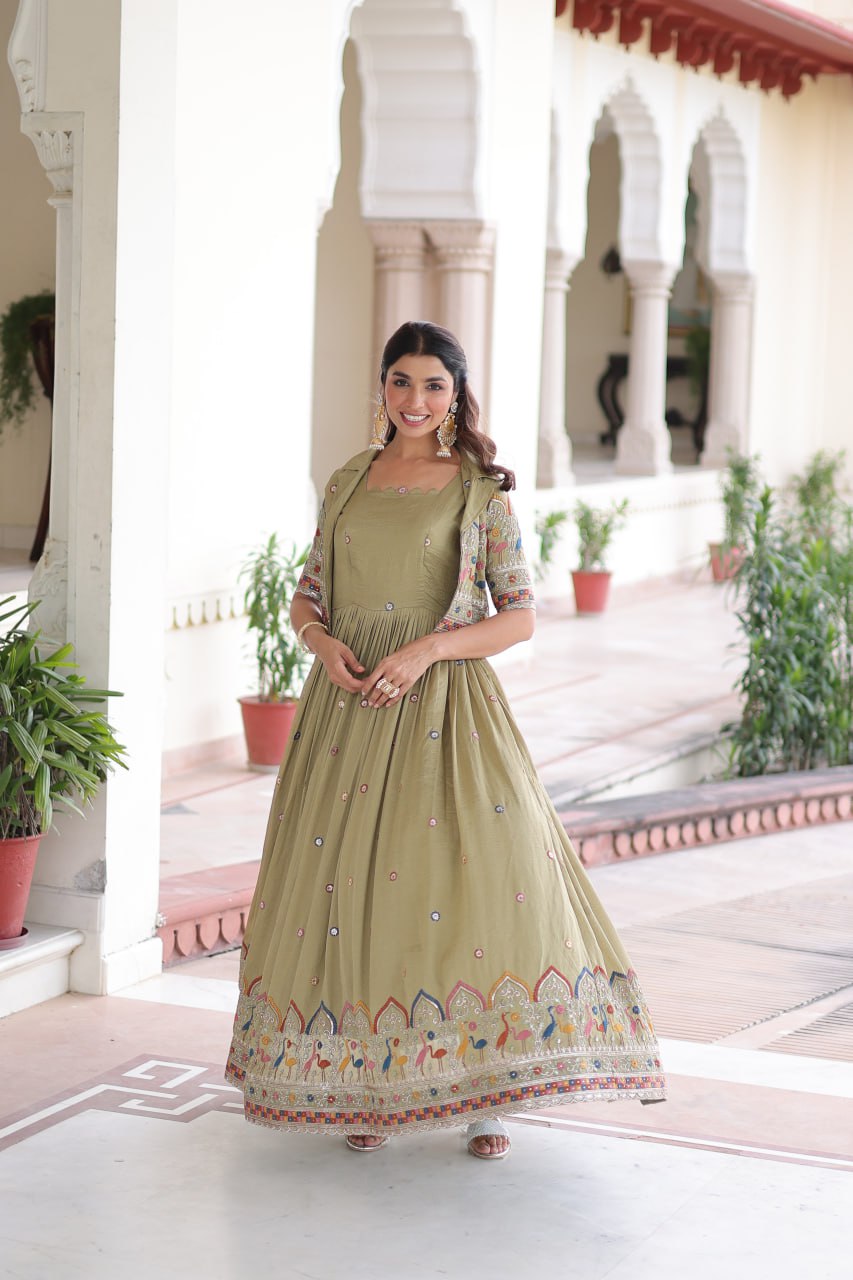 Vichitra Silk Embroidered Gown with Designer Koti Set