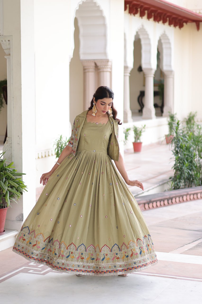 Vichitra Silk Embroidered Gown with Designer Koti Set