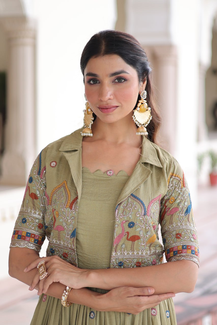 Vichitra Silk Embroidered Gown with Designer Koti Set