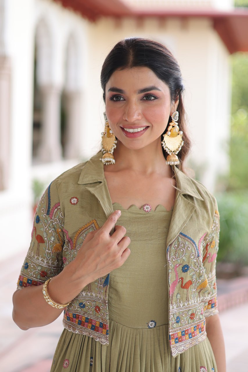 Vichitra Silk Embroidered Gown with Designer Koti Set