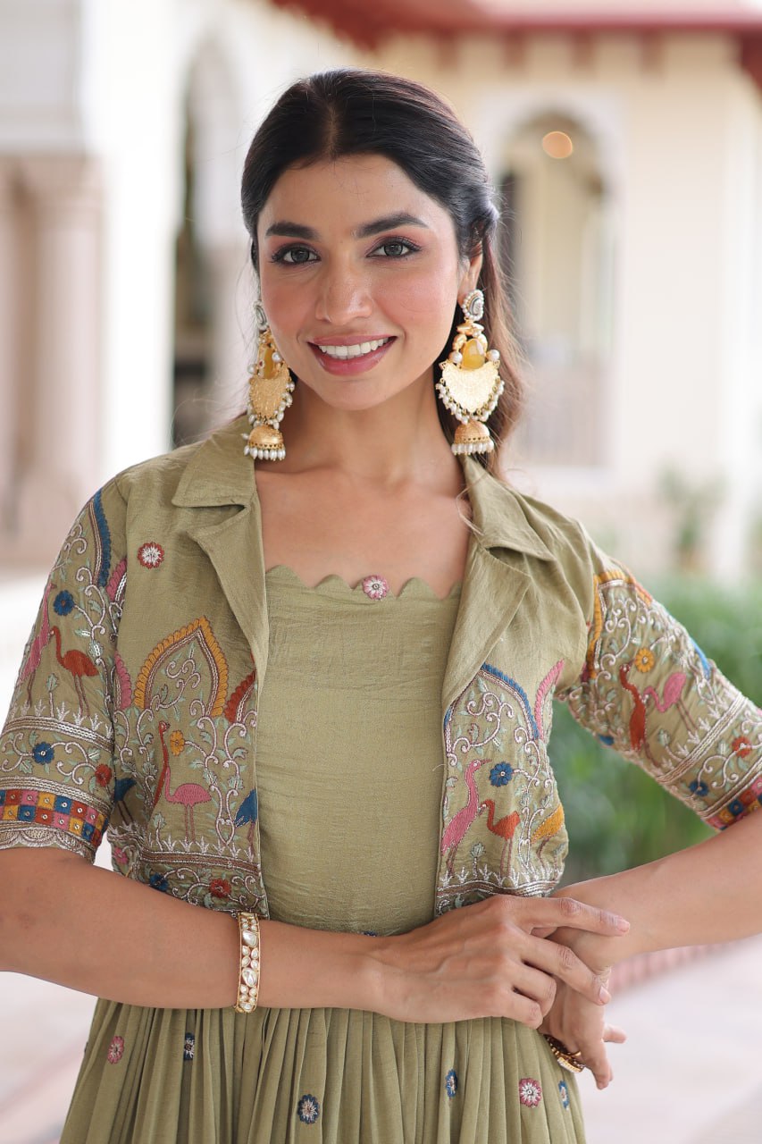 Vichitra Silk Embroidered Gown with Designer Koti Set