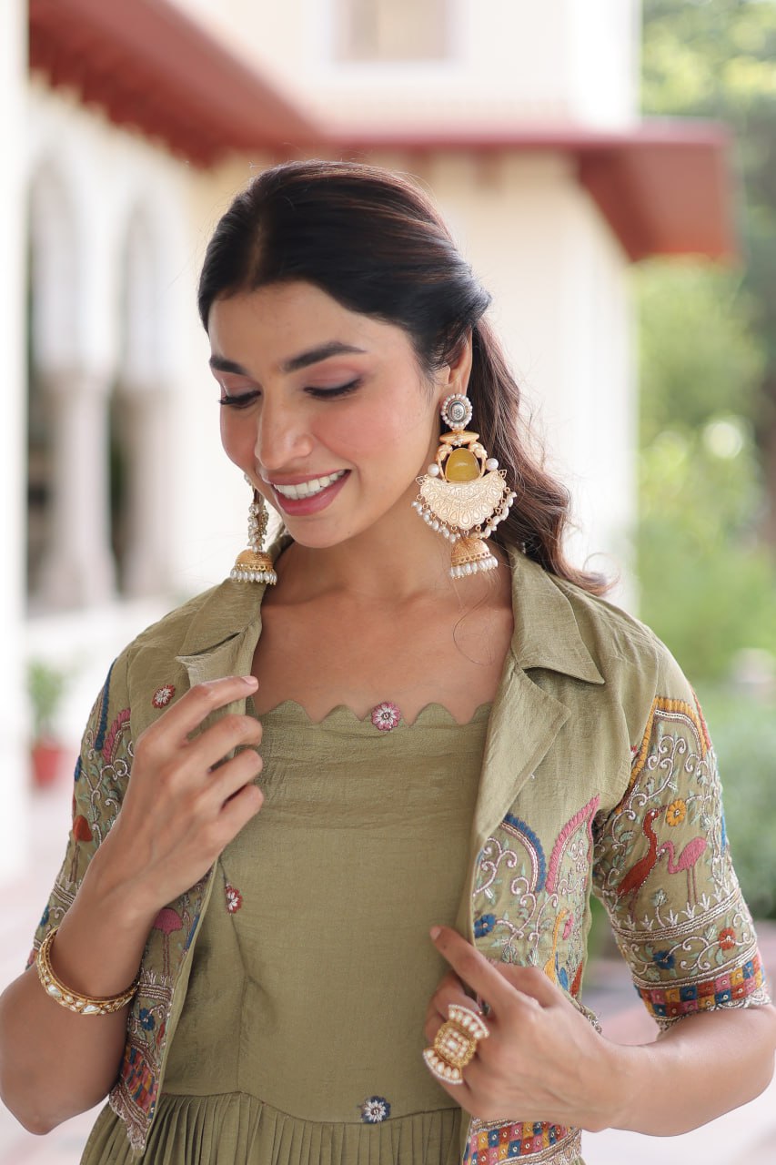 Vichitra Silk Embroidered Gown with Designer Koti Set