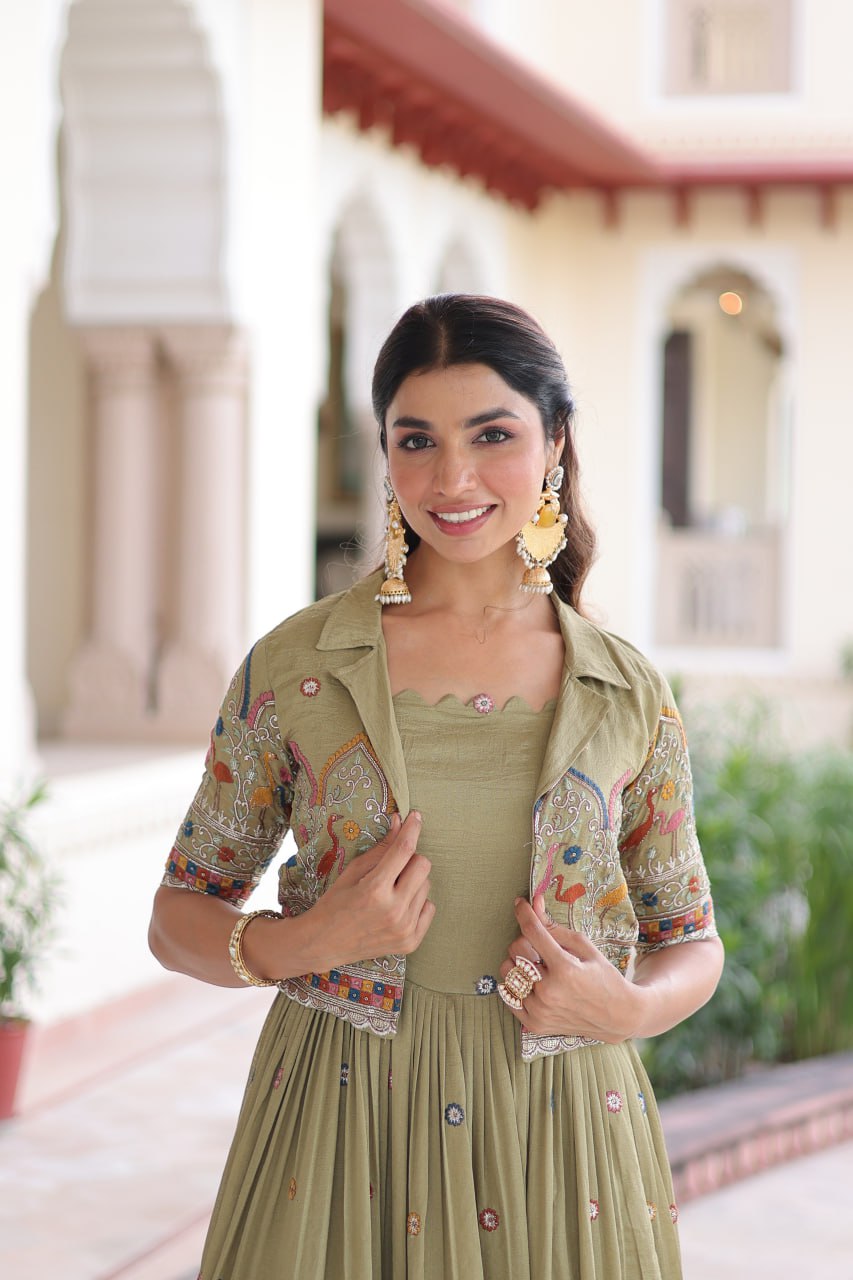 Vichitra Silk Embroidered Gown with Designer Koti Set