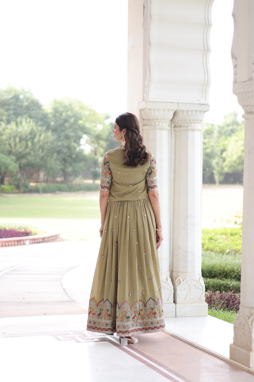 Vichitra Silk Embroidered Gown with Designer Koti Set