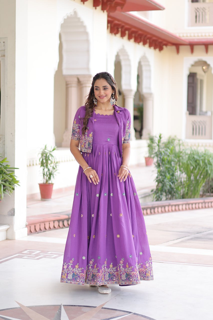 Vichitra Silk Embroidered Gown with Designer Koti Set