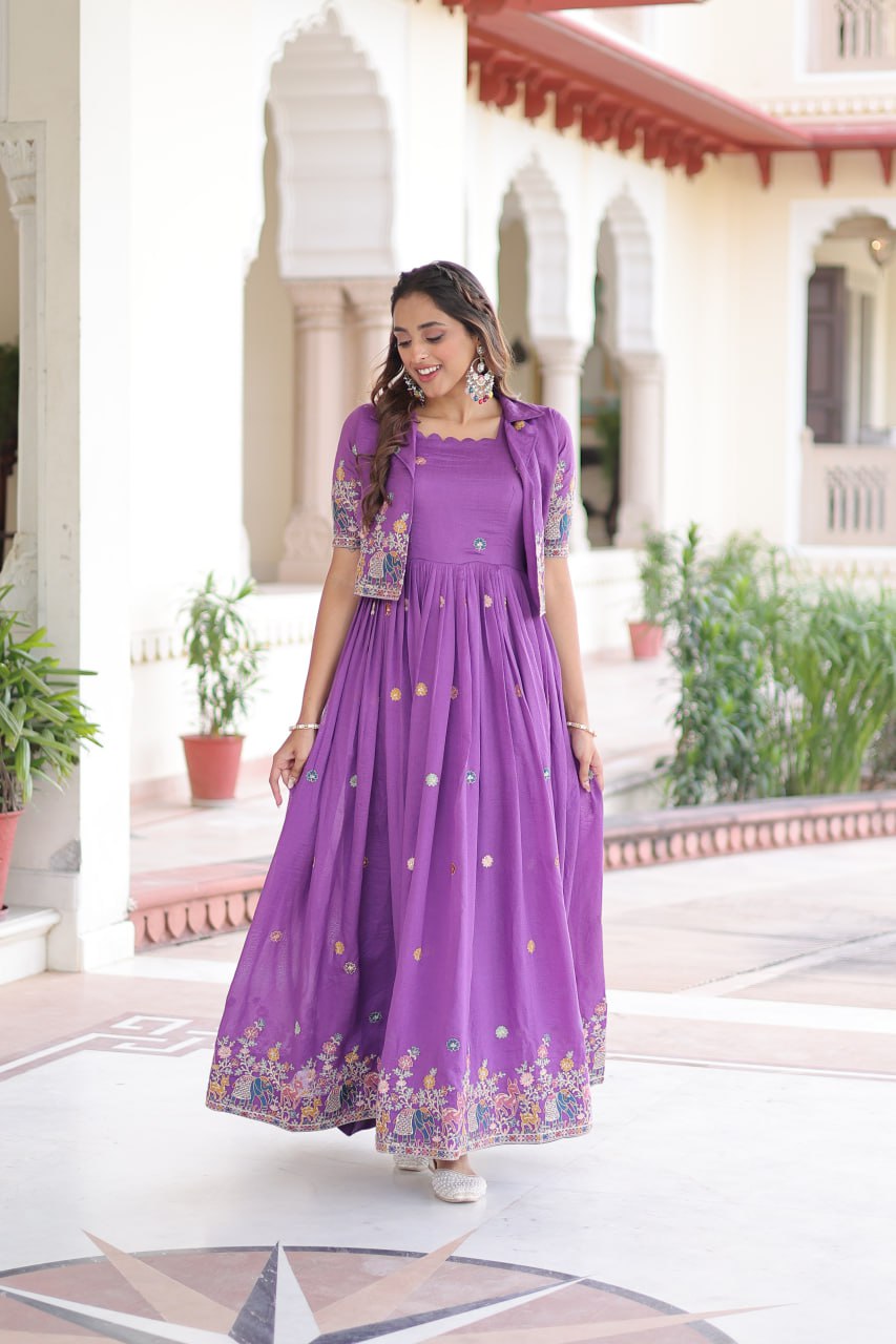 Vichitra Silk Embroidered Gown with Designer Koti Set
