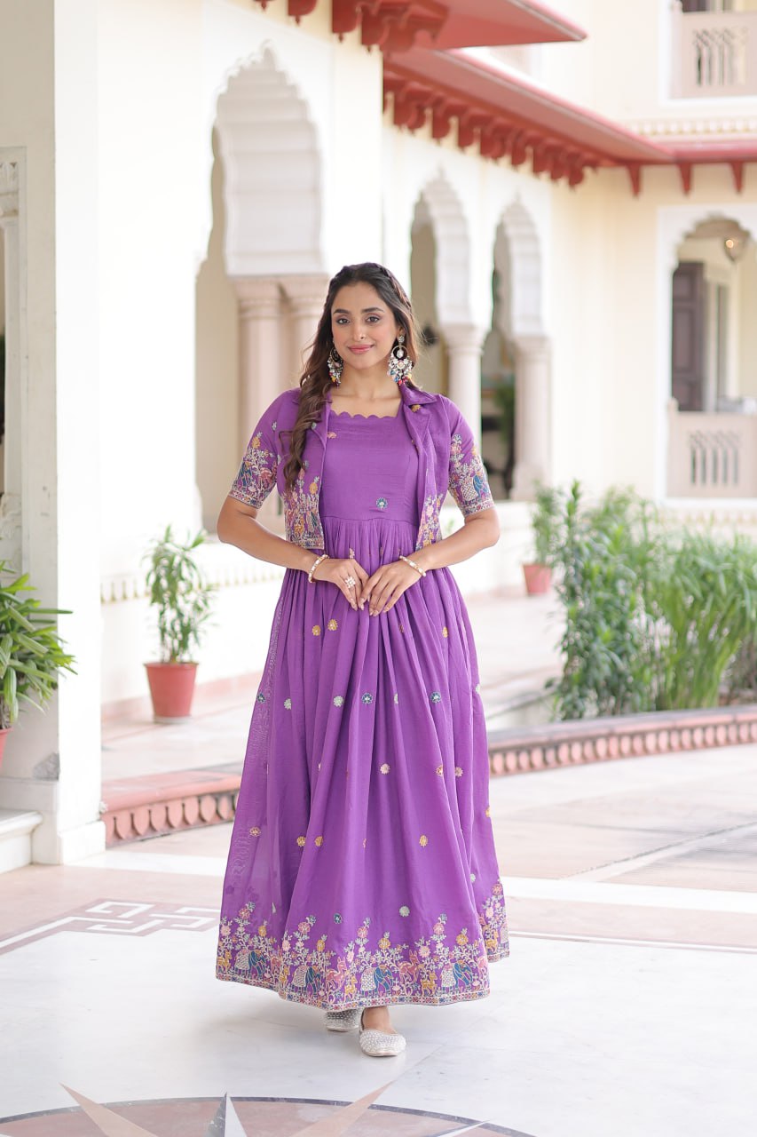 Vichitra Silk Embroidered Gown with Designer Koti Set