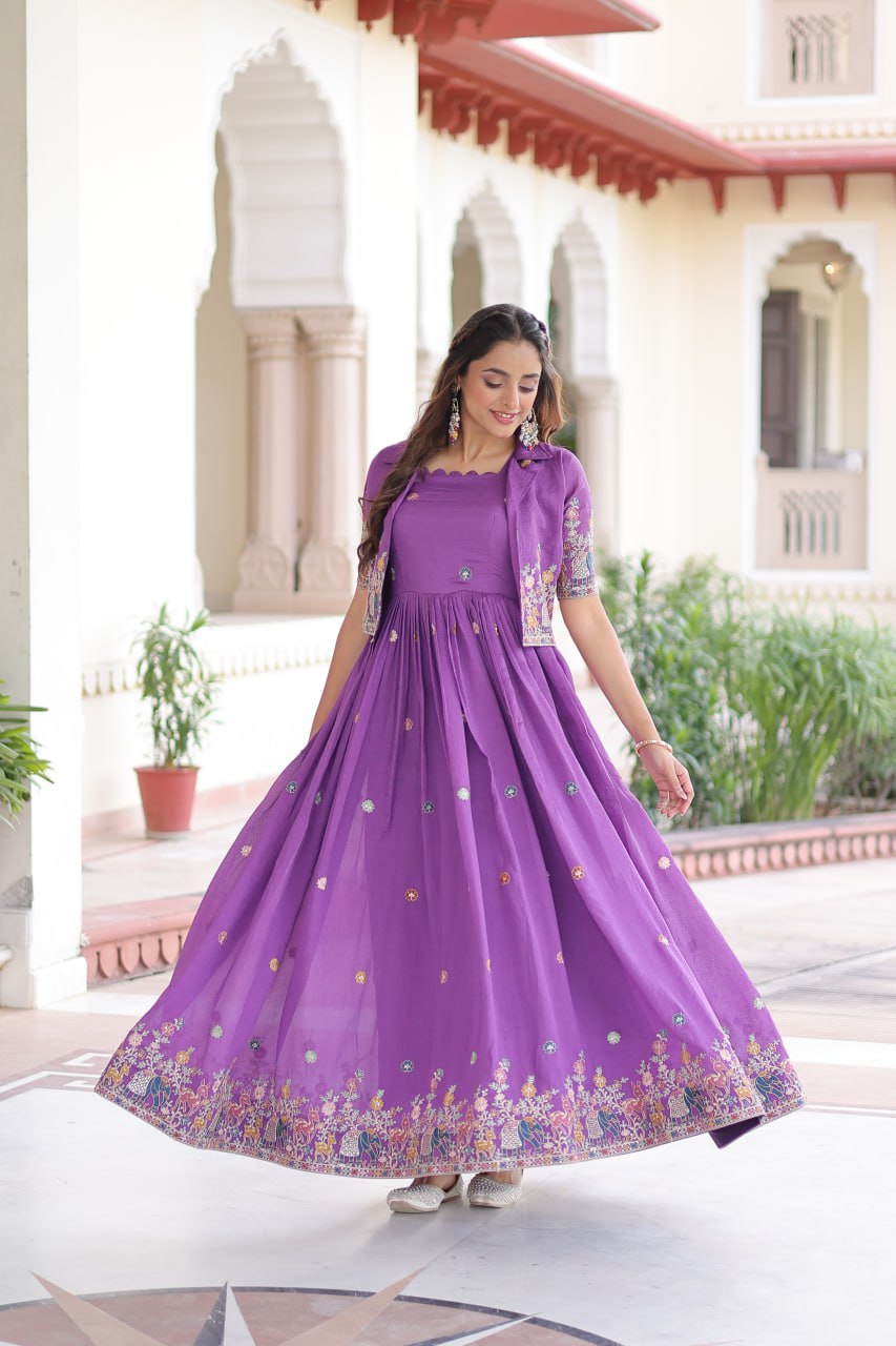 Vichitra Silk Embroidered Gown with Designer Koti Set