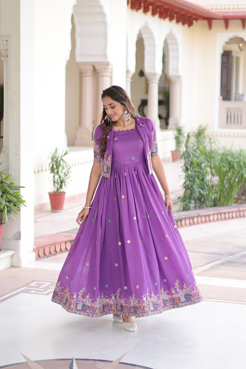 Vichitra Silk Embroidered Gown with Designer Koti Set