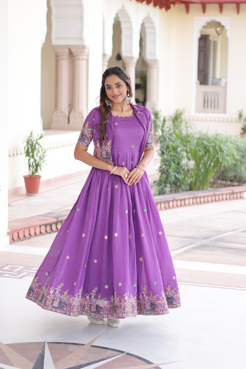 Vichitra Silk Embroidered Gown with Designer Koti Set