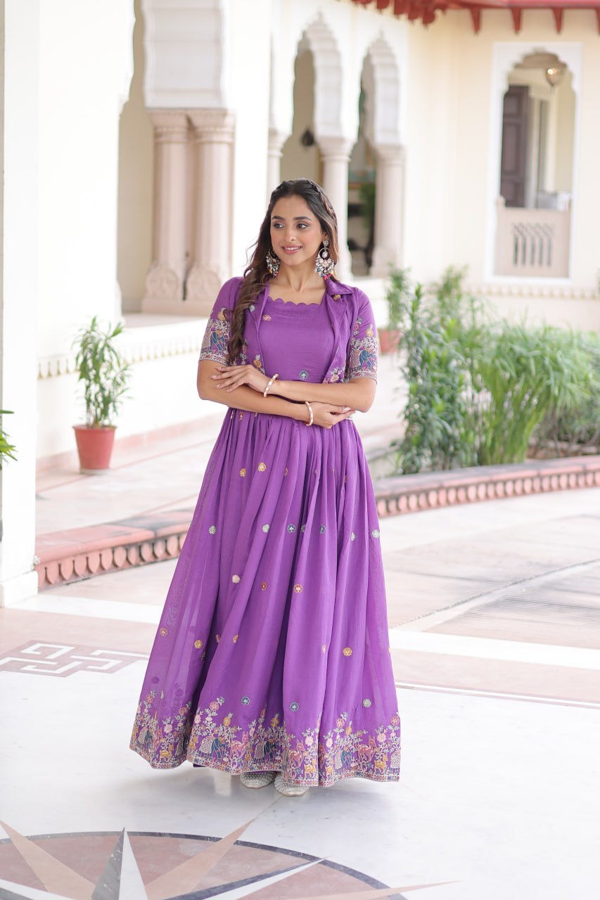 Vichitra Silk Embroidered Gown with Designer Koti Set