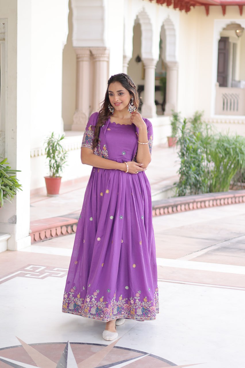 Vichitra Silk Embroidered Gown with Designer Koti Set