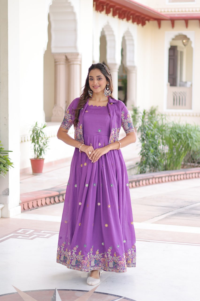 Vichitra Silk Embroidered Gown with Designer Koti Set