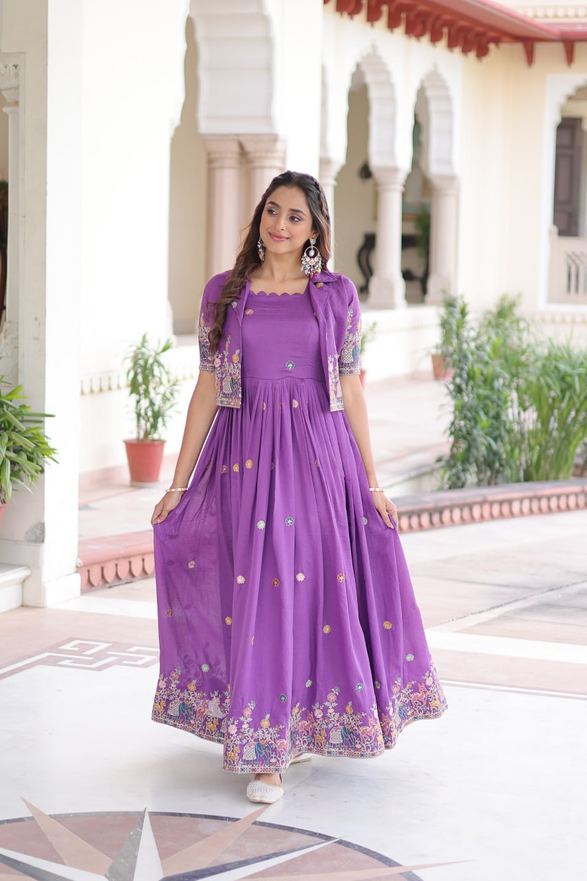 Vichitra Silk Embroidered Gown with Designer Koti Set
